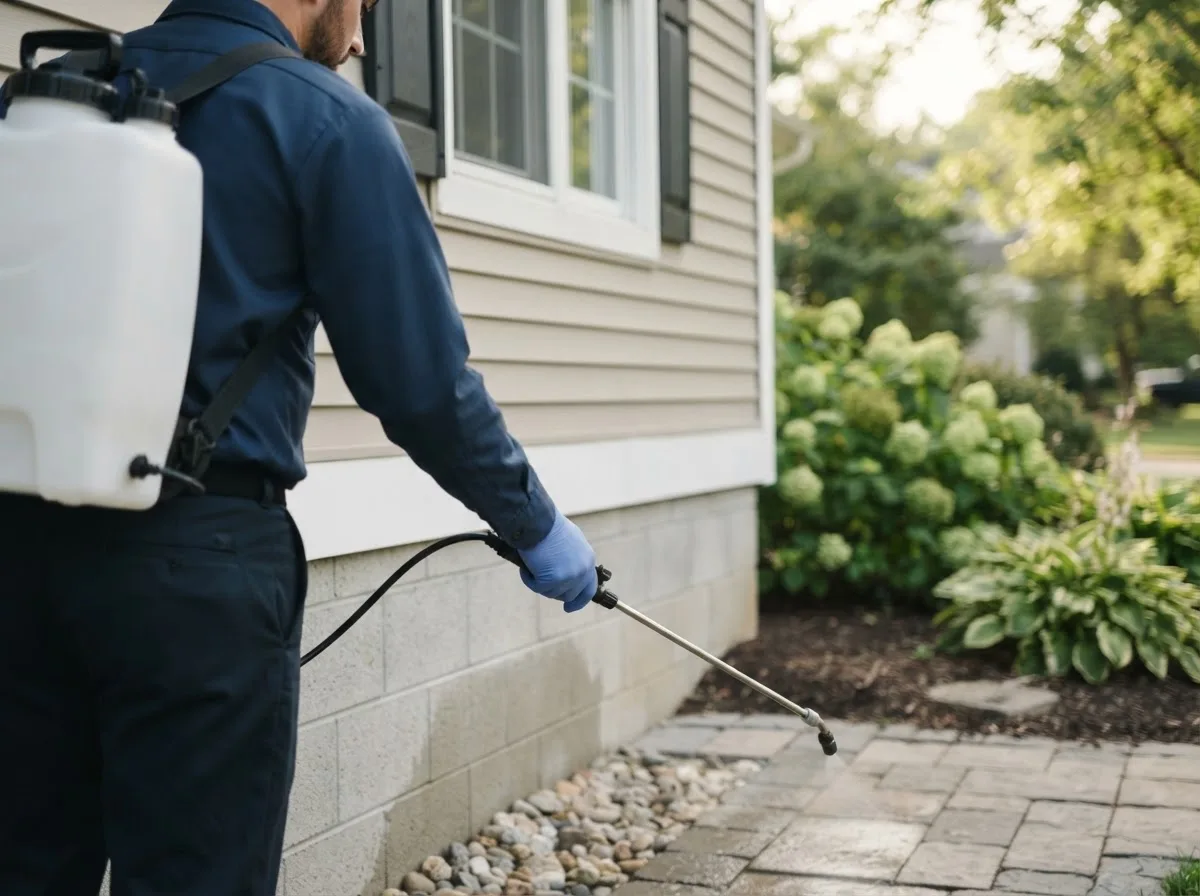 Pest control technician inspecting a home in Worthington Springs, FL